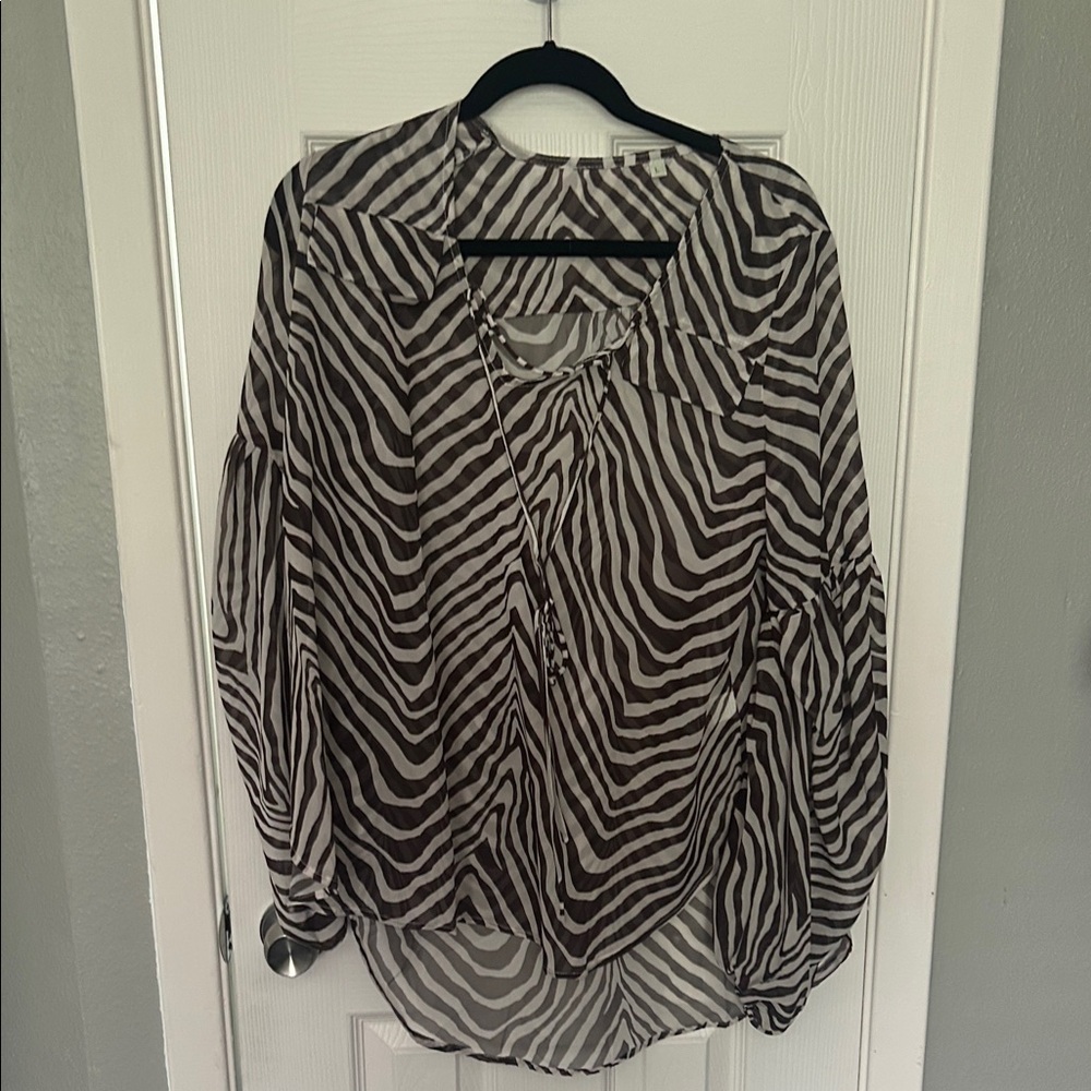 Sheer Zebra Print Tie-Neck Peasant Blouse - Brown/White